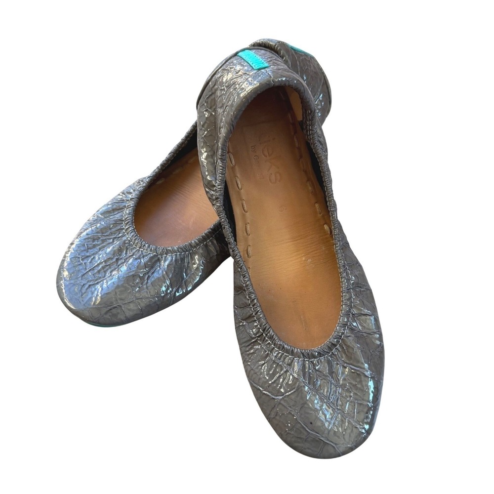 Tieks Ballet Flats Womens 6 Grey Patent Croc Embossed Leather Emerald Sole